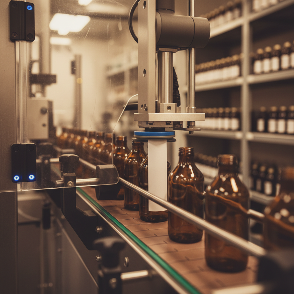 Precision labelling and filling line with quality control verification at First 5 Labs